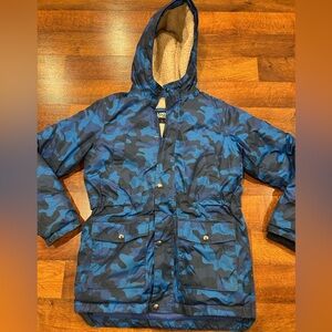Lands End Kids Expedition Down Winter Parka Jacket Blue Camouflage Large 14/16